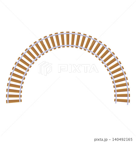 A semicircular railway with wooden sleepers and steel rails, viewed from above. 140492165