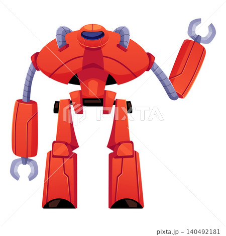A powerful red combat robot with a massive body, articulated metal limbs, and claws. A powerful red combat robot with a massive body, articulated metal limbs, and claws. 140492181