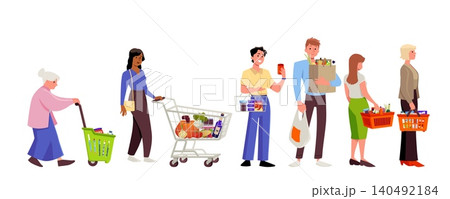 Queues of various shoppers with carts, baskets, packages, and bags of groceries. 140492184
