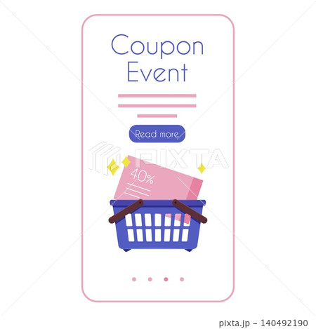 Mobile screen interface with a 40 off coupon in a blue shopping cart. Mobile screen interface with a 40 off coupon in a blue shopping cart. 140492190