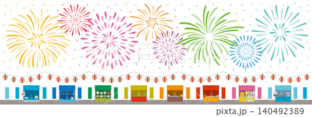 祭をイメージした花火と屋台と提灯の横長のイメージイラスト 140492389