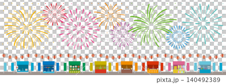 祭をイメージした花火と屋台と提灯の横長のイメージイラスト 140492389