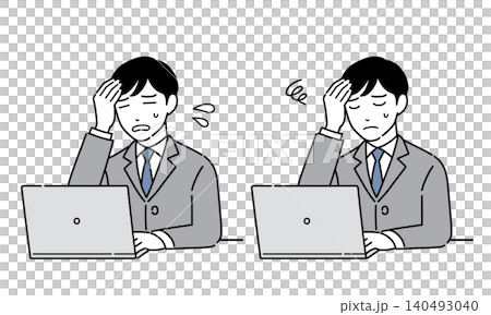 パソコンを見て頭を抱えるスーツ姿の男性のイラスト　セット14 140493040