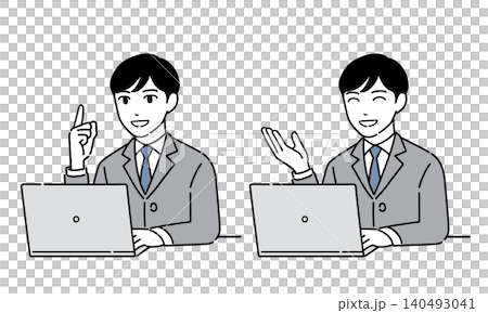 パソコンで明るく案内するスーツ姿の男性のイラスト　セット15 140493041