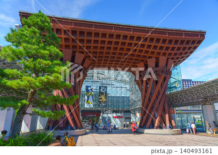 Kanazawa, Japan - Oct 6 2024, A panoramic view of Tsuzumi Gate at the entrance to Kanazawa Station, with people walking in the foreground, at daytime, Kanazawa, Japan Kanazawa, Japan - Oct 6 2024, A panoramic view of Tsuzumi Gate at the entrance to Kanazawa Station, with people walking in the foreground, at daytime, Kanazawa, Japan 140493161