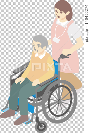 アイソメトリック　介護　福祉　医療　車椅子　シニア　男性　女性　高齢者　介護士　人物　イラスト素材 140493274