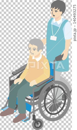 アイソメトリック　介護　福祉　医療　車椅子　シニア　男性　高齢者　介護士　人物　イラスト素材 140493275