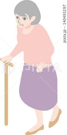 アイソメトリック　杖をついて歩く高齢女性　イラスト　 医療　福士　介護　リハビリ　シニア　素材 140493297