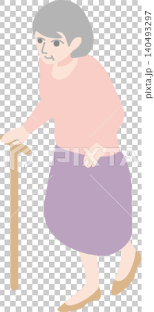 アイソメトリック　杖をついて歩く高齢女性　イラスト　 医療　福士　介護　リハビリ　シニア　素材 140493297