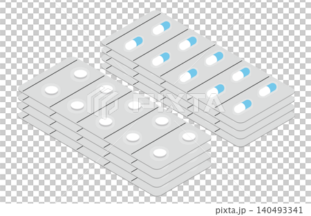 Illustration (without outlines) of 4 sheets containing 10 white and light blue capsules and 10 white tablets each. Illustration (without outlines) of 4 sheets containing 10 white and light blue capsules and 10 white tablets each. 140493341
