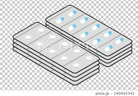 白・水色カプセルと白い錠剤各10錠4シートのイラスト(主線あり) 白・水色カプセルと白い錠剤各10錠4シートのイラスト(主線あり) 140493342