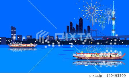 花火が打ち上がる都会の夜景と川に浮かぶ屋形船のベクターイラスト 花火が打ち上がる都会の夜景と川に浮かぶ屋形船のベクターイラスト 140493509