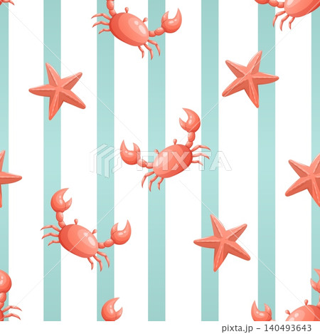 Seamless pattern with crabs and starfish on striped background Seamless pattern with crabs and starfish on striped background 140493643