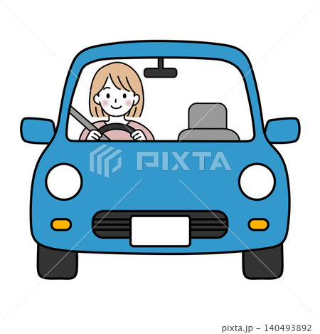 シンプルな青い自動車を運転する女性(正面)のベクターイラスト シンプルな青い自動車を運転する女性(正面)のベクターイラスト 140493892