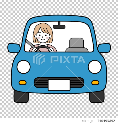 シンプルな青い自動車を運転する女性(正面)のベクターイラスト シンプルな青い自動車を運転する女性(正面)のベクターイラスト 140493892