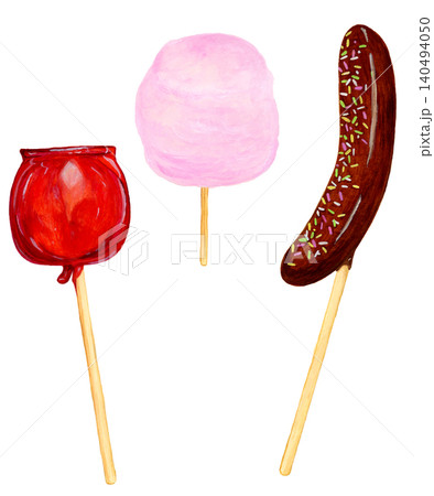 夏祭りの屋台スイーツセット 水彩手描きイラスト 綿菓子 りんご飴 チョコバナナ 夏祭りの屋台スイーツセット 水彩手描きイラスト 綿菓子 りんご飴 チョコバナナ 140494050