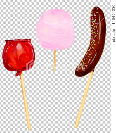 夏祭りの屋台スイーツセット 水彩手描きイラスト 綿菓子 りんご飴 チョコバナナ 夏祭りの屋台スイーツセット 水彩手描きイラスト 綿菓子 りんご飴 チョコバナナ 140494050