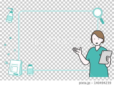 A nurse holding a tablet and providing information about medications and medical treatments; framed illustration with copy space. A nurse holding a tablet and providing information about medications and medical treatments; framed illustration with copy space. 140494239