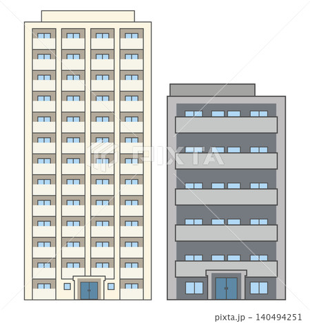 シンプルな2種類のマンションの正面イラストセット シンプルな2種類のマンションの正面イラストセット 140494251