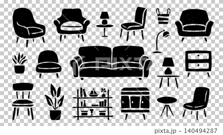 Stamp-style silhouette illustrations of furniture: a set of furniture including sofas, chairs, and desks. Stamp-style silhouette illustrations of furniture: a set of furniture including sofas, chairs, and desks. 140494287