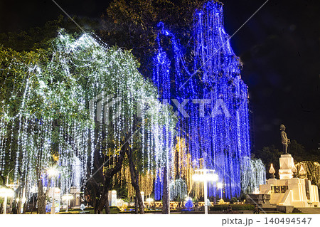 The trees are beautifully illuminated with lights at the front gate of Lumpini Park on Red Cross Fair event. The trees are beautifully illuminated with lights at the front gate of Lumpini Park on Red Cross Fair event. 140494547