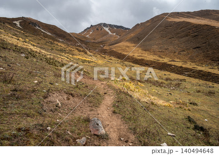 Scenery view of Tsergo Ri (4,990m) the high point on the Langtang valley trek of Nepal. A towering viewpoint and trekking peak located in the Langtang National Park of Nepal. 140494648