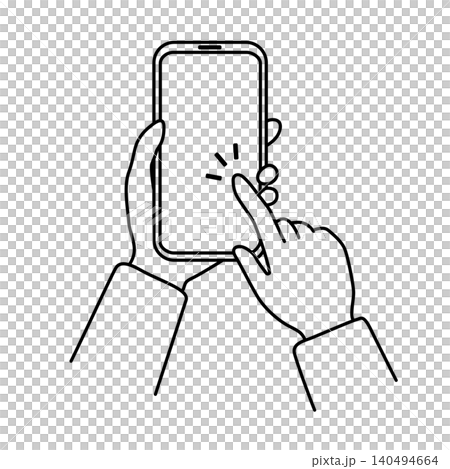 Line art illustration of a person's hand touching a smartphone. 140494664