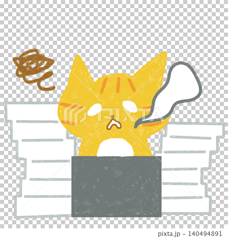 A tabby cat exhausted from being overwhelmed with work - illustration of excessive workload 140494891