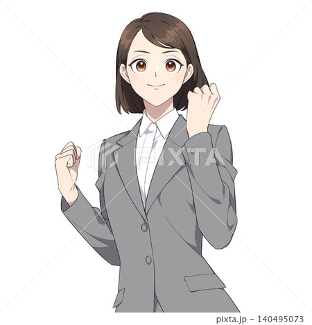 やる気満々な社会人女性のイラスト（グレーのスーツ） 140495073