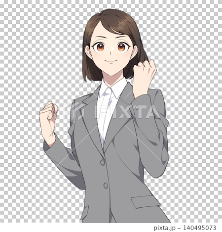 やる気満々な社会人女性のイラスト（グレーのスーツ） 140495073