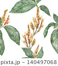 Seamless pattern of tropical Sanchezia speciosa. Hand drawn watercolor illustration with green leaves branch and flower in botanical style. Decorative background design for summer wallpaper or fabric 140497068