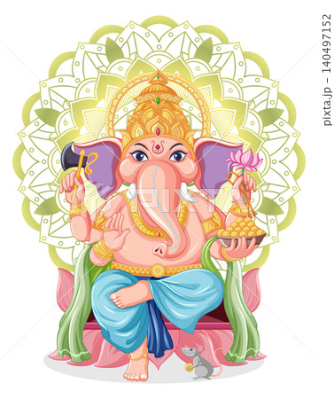 Colorful Hindu Deity Ganesha Sitting on Lotus with Mandala Background Colorful Hindu Deity Ganesha Sitting on Lotus with Mandala Background 140497152