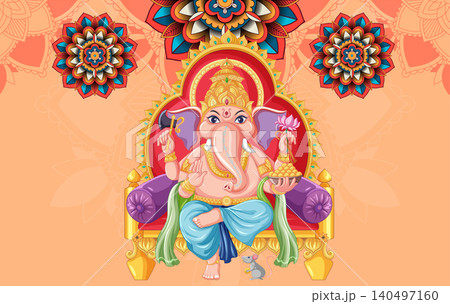Lord Ganesha Sitting on Golden Throne with Mandala Background Vector Illustration Lord Ganesha Sitting on Golden Throne with Mandala Background Vector Illustration 140497160