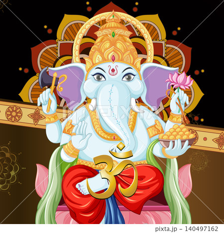 Colorful Hindu Deity Ganesha Vector Illustration with Mandala Background and Om Colorful Hindu Deity Ganesha Vector Illustration with Mandala Background and Om 140497162