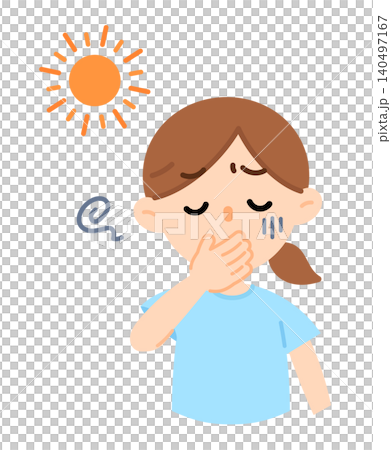 An illustration of a woman who looks like she's about to vomit due to heatstroke; nausea, feeling unwell, discomfort. An illustration of a woman who looks like she's about to vomit due to heatstroke; nausea, feeling unwell, discomfort. 140497167