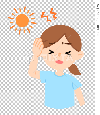 Illustration of a woman with a headache due to heatstroke; headache, migraine Illustration of a woman with a headache due to heatstroke; headache, migraine 140497179