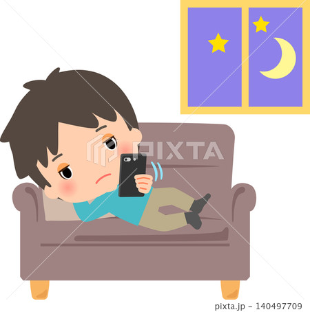 スマホをいじって夜更かしする若い男性 スマホをいじって夜更かしする若い男性 140497709