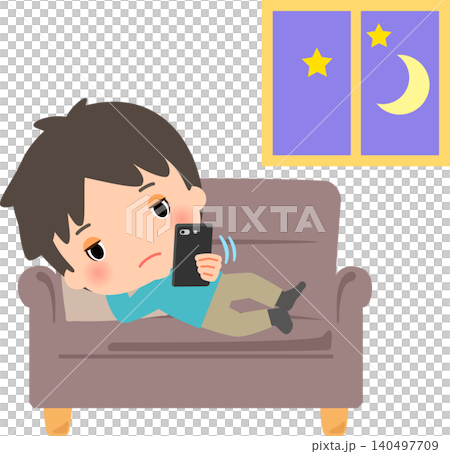 スマホをいじって夜更かしする若い男性 スマホをいじって夜更かしする若い男性 140497709