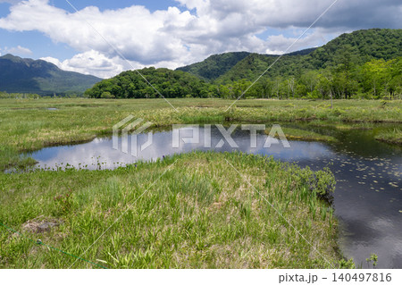 尾瀬の湿原と池と遠景の山 尾瀬の湿原と池と遠景の山 140497816