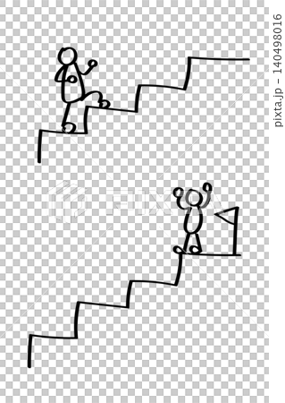 階段を登る・階段の上へ到達する棒人間のイラストセット 階段を登る・階段の上へ到達する棒人間のイラストセット 140498016