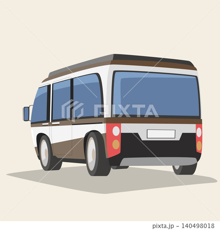 Flat vector illustration showing a three-quarter rear perspective of a modern camper van. The vehicle features blue glass windows round tail lights and a white license plate against a plain backdrop. 140498018