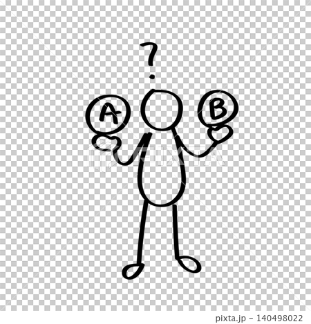 An illustration of a stick figure struggling to choose between two options, A and B. An illustration of a stick figure struggling to choose between two options, A and B. 140498022