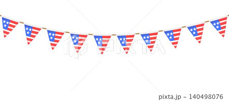 USA flag garland chain. American flags pennon string decoration for Independence day banner, July 4 party poster. White, blue, red bunting decor. Triangle pennants with stripes and stars. Vector USA flag garland chain. American flags pennon string decoration for Independence day banner, July 4 party poster. White, blue, red bunting decor. Triangle pennants with stripes and stars. Vector 140498076
