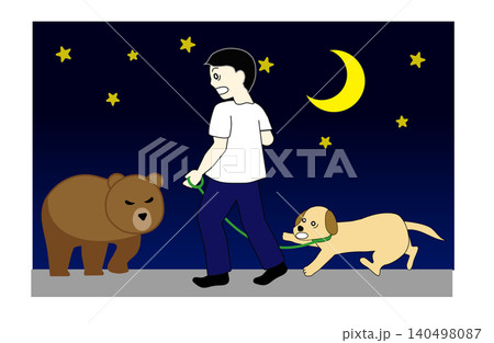 夜間の犬の散歩中にクマに遭遇するイラスト（熱中症対策の盲点・注意喚起） 140498087