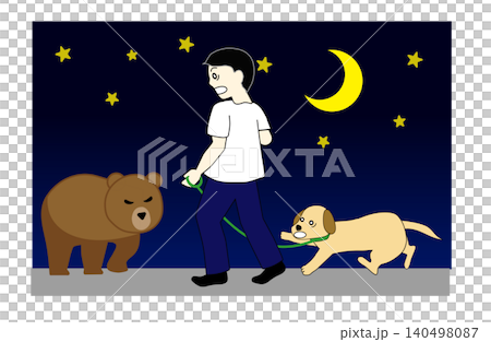 夜間の犬の散歩中にクマに遭遇するイラスト（熱中症対策の盲点・注意喚起） 140498087
