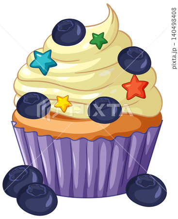 Blueberry Cupcake with Vanilla Frosting and Colorful Star Sprinkles 140498408