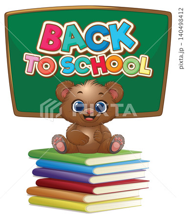 Cute Cartoon Bear Sitting on Stack of Books with Chalkboard Cute Cartoon Bear Sitting on Stack of Books with Chalkboard 140498412