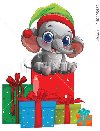 Adorable Cartoon Baby Elephant Wearing Santa Hat Sitting on Christmas Presents 140498429