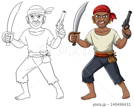 Angry Pirate Holding Sword and Pistol Cartoon Vector 140498432