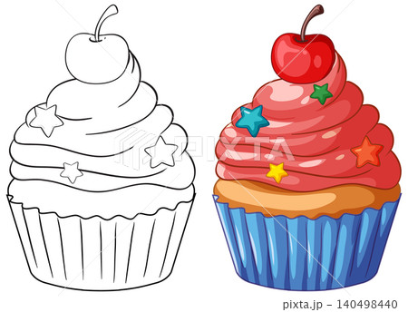 Cupcake Illustration with Coloring Page and Full Color Version Cupcake Illustration with Coloring Page and Full Color Version 140498440